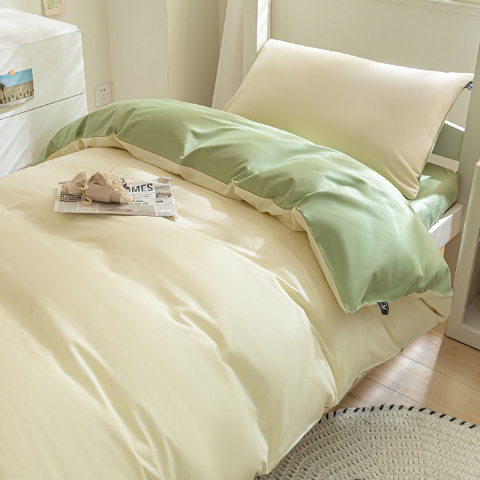 91家纺网 家纺一手货源 找家纺 涵宸家纺 2025新款全棉拼色纯色宿舍套件-米兰 米兰（奶白+月光绿）