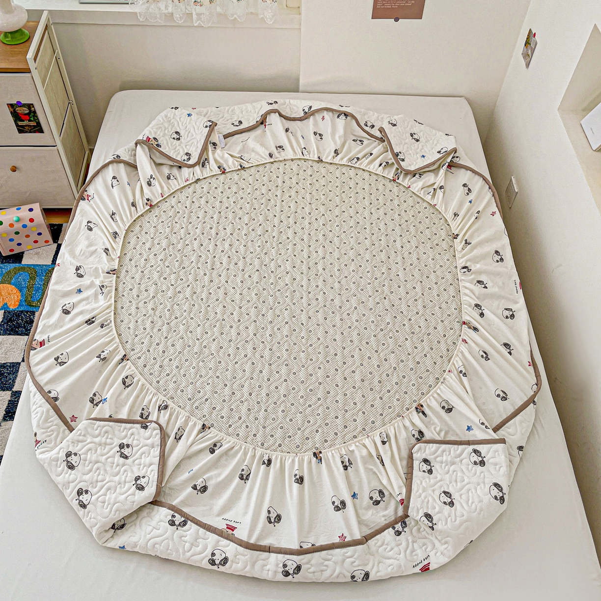 91家纺网 家纺一手货源 找家纺 悦织湾家纺 2025新款小清新印花四季通用床笠非全棉学生宿舍床笠二三件套 淘气小狗