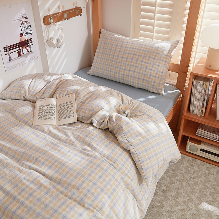 91家纺网 家纺一手货源 找家纺 DoDo 兜兜 2025新款全棉纯棉水洗棉学生三件套【可定做尺寸】    麦田-灰蓝