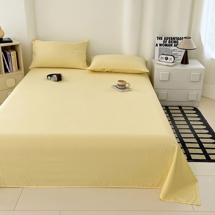 91家纺网 家纺一手货源 找家纺 卡迪熊家纺2025新款木m双层纱床单 柠檬黄