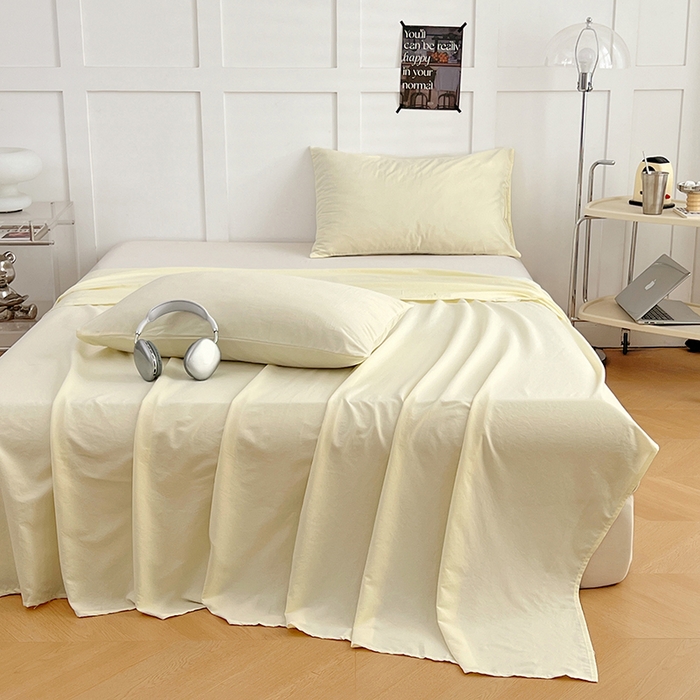 91家纺网 家纺一手货源 找家纺 卡迪熊家纺2025新款水洗m床单 奶黄