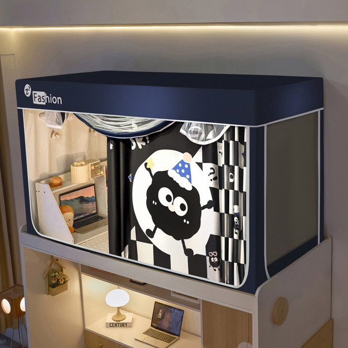 91家纺网 家纺一手货源 找家纺 澳萝拉 2025新款印花植绒遮光床帘学生宿舍上下铺蚊帐-无涂层不覆膜 可爱煤球