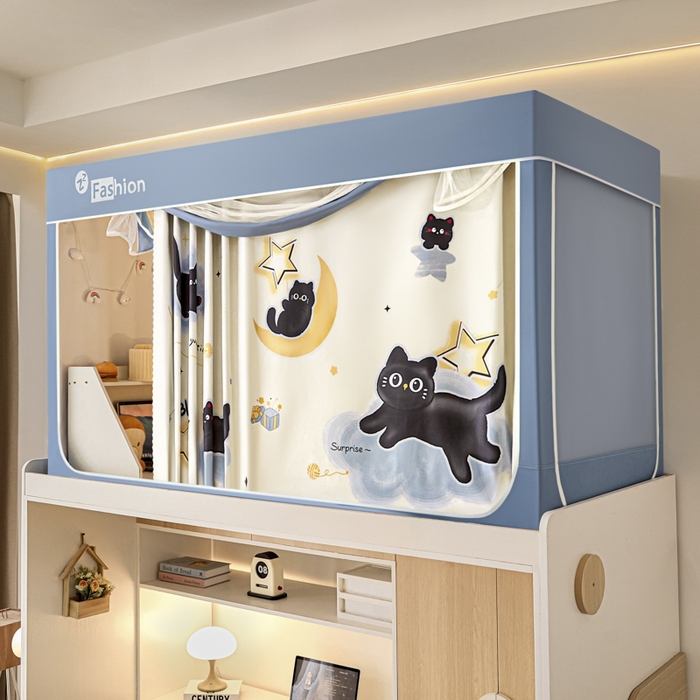 91家纺网 家纺一手货源 找家纺 澳萝拉 2025新款印花植绒遮光床帘学生宿舍上下铺蚊帐-无涂层不覆膜 月亮猫