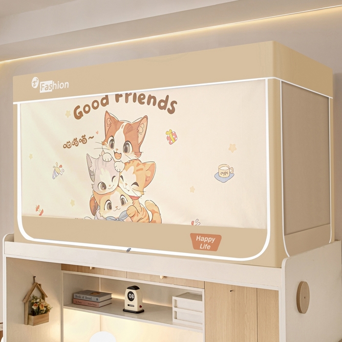 91家纺网 家纺一手货源 找家纺 澳萝拉 2025新款印花植绒遮光床帘学生宿舍上下铺蚊帐-无涂层不覆膜 叠叠猫