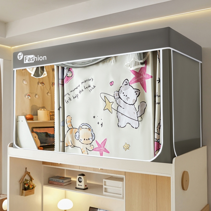 91家纺网 家纺一手货源 找家纺 澳萝拉 2025新款印花植绒遮光床帘学生宿舍上下铺蚊帐-无涂层不覆膜 快乐猫咪