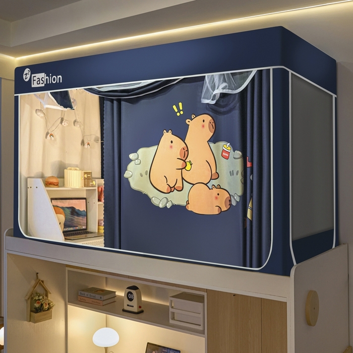 91家纺网 家纺一手货源 找家纺 澳萝拉 2025新款印花植绒遮光床帘学生宿舍上下铺蚊帐-无涂层不覆膜 卡皮巴拉