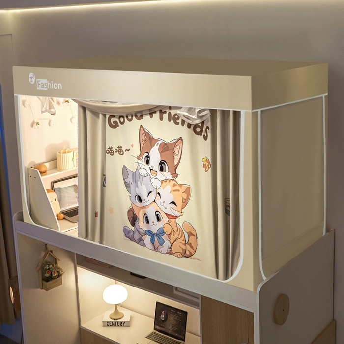 91家纺网 家纺一手货源 找家纺 澳萝拉 2025新款印花植绒遮光床帘学生宿舍上下铺蚊帐-无涂层不覆膜 叠叠猫