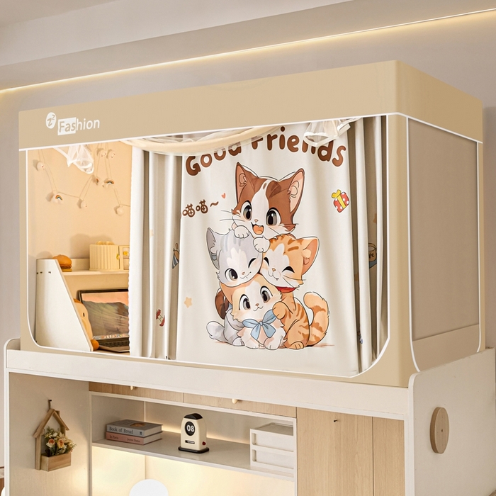 91家纺网 家纺一手货源 找家纺 澳萝拉 2025新款印花植绒遮光床帘学生宿舍上下铺蚊帐-无涂层不覆膜 叠叠猫