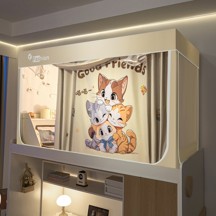 91家纺网 家纺一手货源 找家纺 澳萝拉 2025新款印花植绒遮光床帘学生宿舍上下铺蚊帐-无涂层不覆膜 叠叠猫