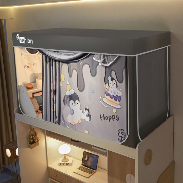 91家纺网 家纺一手货源 找家纺 澳萝拉 2025新款印花植绒遮光床帘学生宿舍上下铺蚊帐-无涂层不覆膜 企鹅宝宝