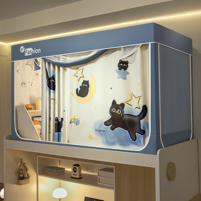 91家纺网 家纺一手货源 找家纺 澳萝拉 2025新款印花植绒遮光床帘学生宿舍上下铺蚊帐-无涂层不覆膜 月亮猫