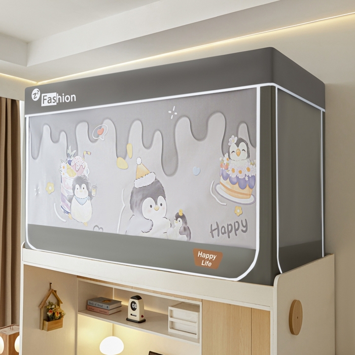 91家纺网 家纺一手货源 找家纺 澳萝拉 2025新款印花植绒遮光床帘学生宿舍上下铺蚊帐-无涂层不覆膜 企鹅宝宝