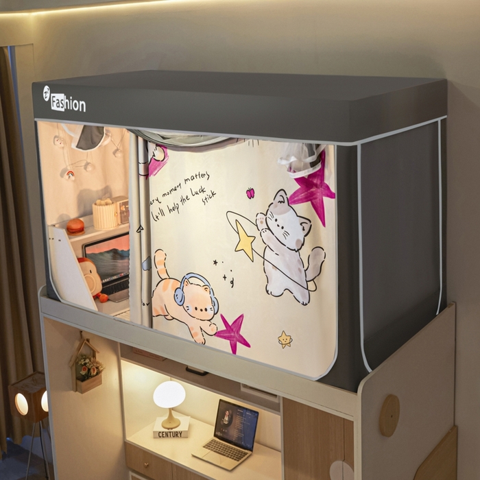 91家纺网 家纺一手货源 找家纺 澳萝拉 2025新款印花植绒遮光床帘学生宿舍上下铺蚊帐-无涂层不覆膜 快乐猫咪