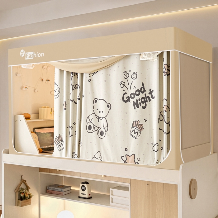 91家纺网 家纺一手货源 找家纺 澳萝拉 2025新款印花植绒遮光床帘学生宿舍上下铺蚊帐-无涂层不覆膜 晚安宝贝