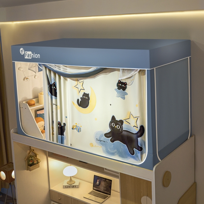 91家纺网 家纺一手货源 找家纺 澳萝拉 2025新款印花植绒遮光床帘学生宿舍上下铺蚊帐-无涂层不覆膜 月亮猫