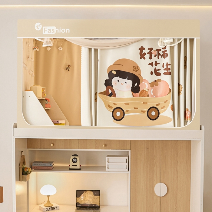 91家纺网 家纺一手货源 找家纺 澳萝拉 2025新款印花植绒遮光床帘学生宿舍上下铺蚊帐-无涂层不覆膜 好柿花生