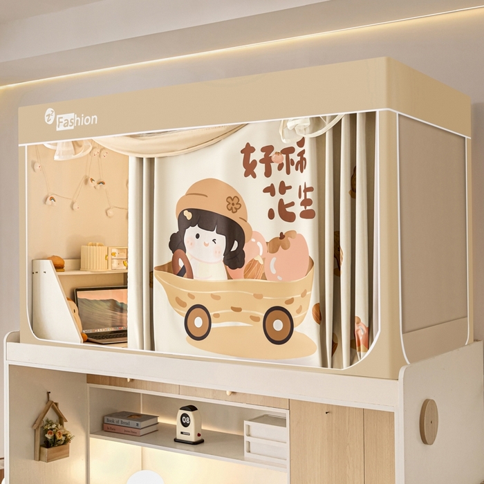 91家纺网 家纺一手货源 找家纺 澳萝拉 2025新款印花植绒遮光床帘学生宿舍上下铺蚊帐-无涂层不覆膜 好柿花生