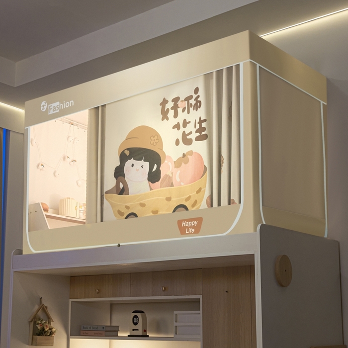 91家纺网 家纺一手货源 找家纺 澳萝拉 2025新款印花植绒遮光床帘学生宿舍上下铺蚊帐-无涂层不覆膜 好柿花生