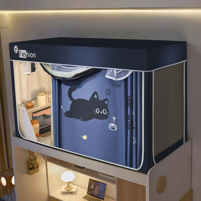 91家纺网 家纺一手货源 找家纺 澳萝拉 2025新款印花植绒遮光床帘学生宿舍上下铺蚊帐-无涂层不覆膜 躺赢猫