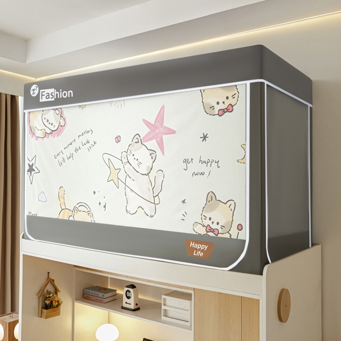 91家纺网 家纺一手货源 找家纺 澳萝拉 2025新款印花植绒遮光床帘学生宿舍上下铺蚊帐-无涂层不覆膜 快乐猫咪