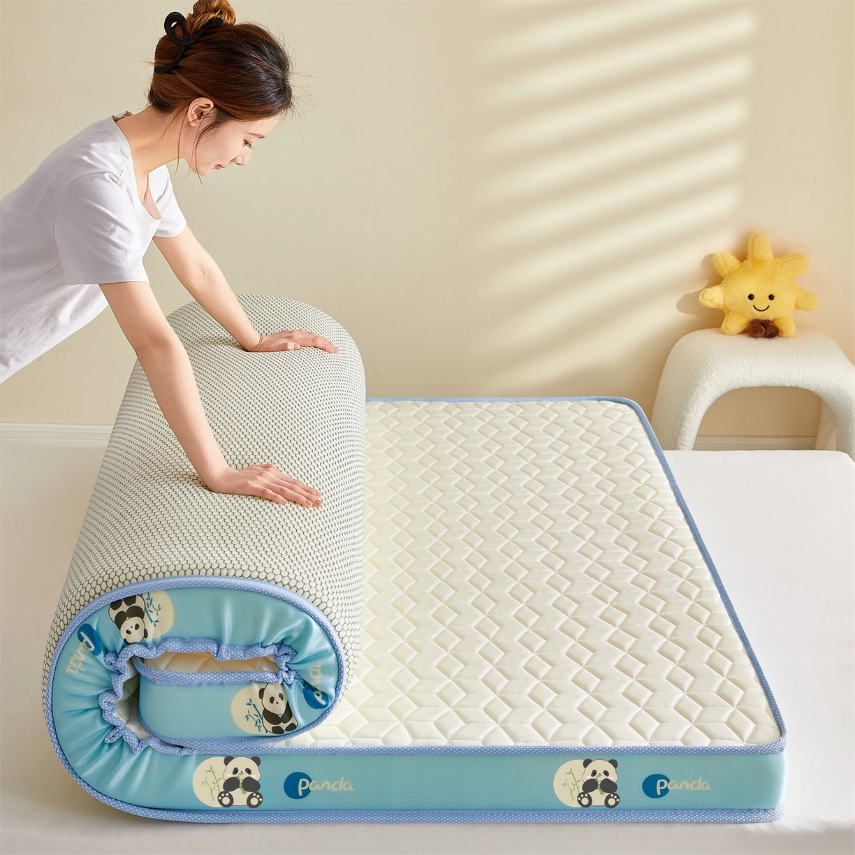 91家纺网 家纺一手货源 找家纺 （总）伊先生家纺 2025新款简约卡通硅胶海绵床垫熊猫黄鸭款