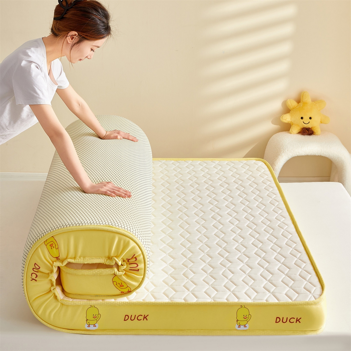 伊先生家纺 2025新款简约卡通硅胶海绵床垫熊猫黄鸭款 黄小鸭-白