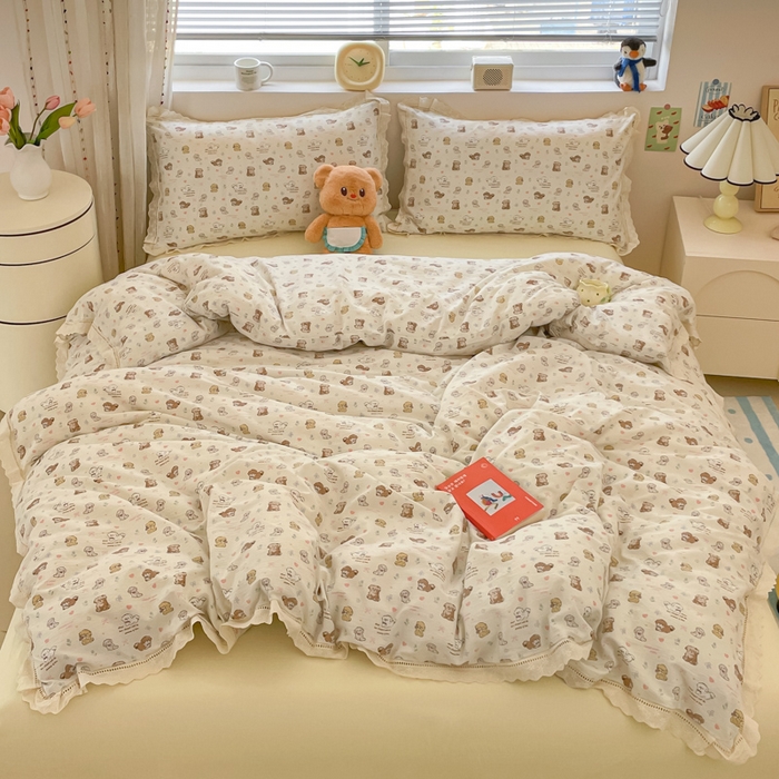 玉海棠家纺 2025新款云感双层纱花边四件套 花边-布丁狗