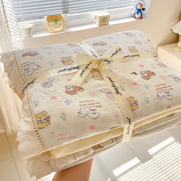 91家纺网 家纺一手货源 找家纺 玉海棠家纺 2025新款云感双层纱花边四件套 花边-布丁狗