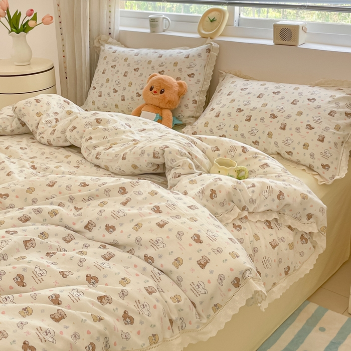 91家纺网 家纺一手货源 找家纺 玉海棠家纺 2025新款云感双层纱花边四件套 花边-布丁狗