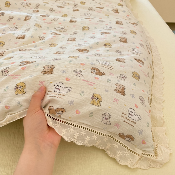 91家纺网 家纺一手货源 找家纺 玉海棠家纺 2025新款云感双层纱花边四件套 花边-布丁狗