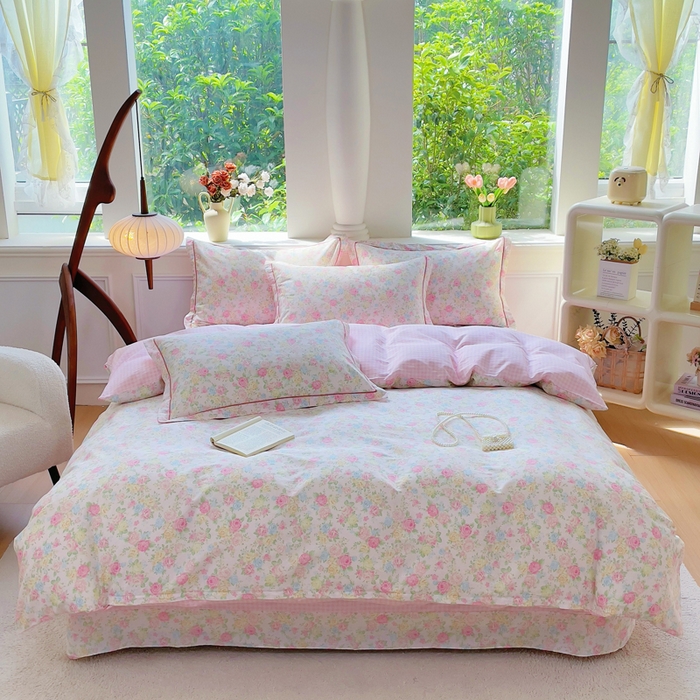 91家纺网 家纺一手货源 找家纺 铭博家纺 2025新款直播爆款全棉纯棉四件套 吊边一字绣工艺款四件套 嫣然花期-粉