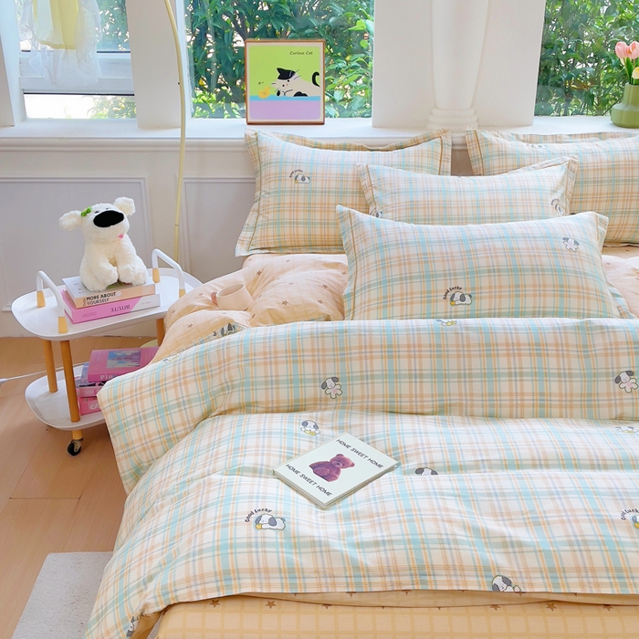 91家纺网 家纺一手货源 找家纺 铭博家纺 2025新款直播爆款全棉纯棉四件套 吊边一字绣工艺款四件套 格诺狗