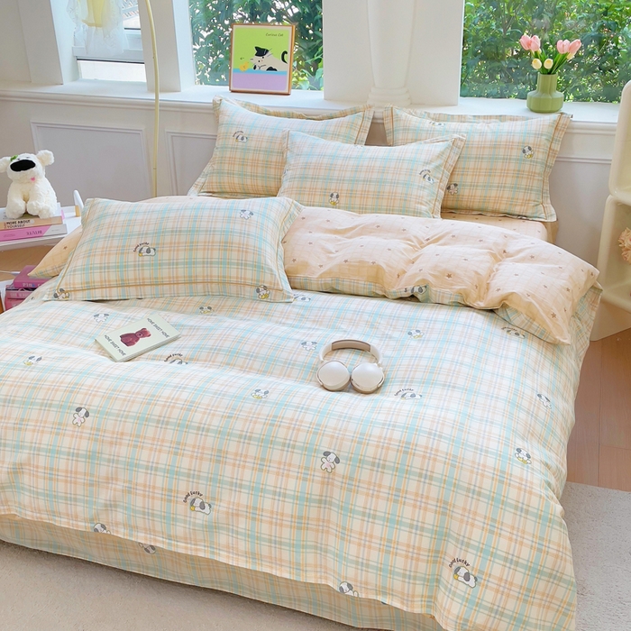 91家纺网 家纺一手货源 找家纺 铭博家纺 2025新款直播爆款全棉纯棉四件套 吊边一字绣工艺款四件套 格诺狗