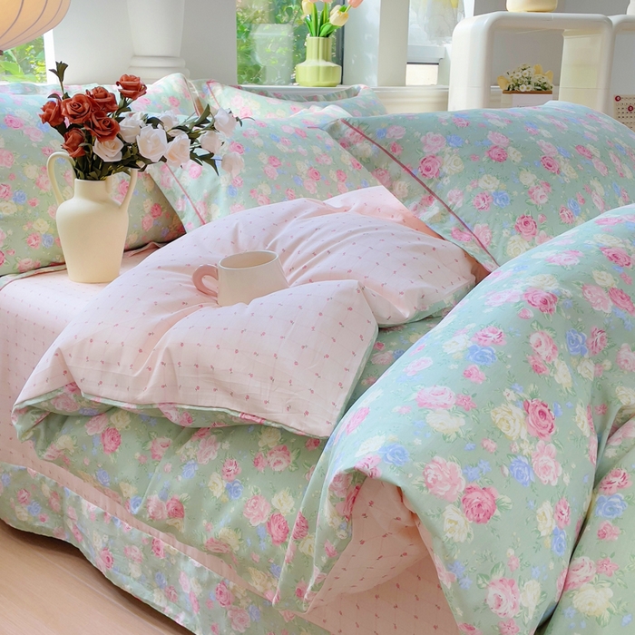 铭博家纺 2025新款直播爆款全棉纯棉四件套 吊边一字绣工艺款四件套 嫣然花期-绿