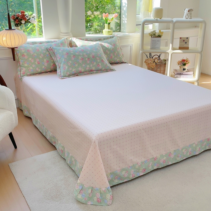 91家纺网 家纺一手货源 找家纺 铭博家纺 2025新款直播爆款全棉纯棉四件套 吊边一字绣工艺款四件套 嫣然花期-绿