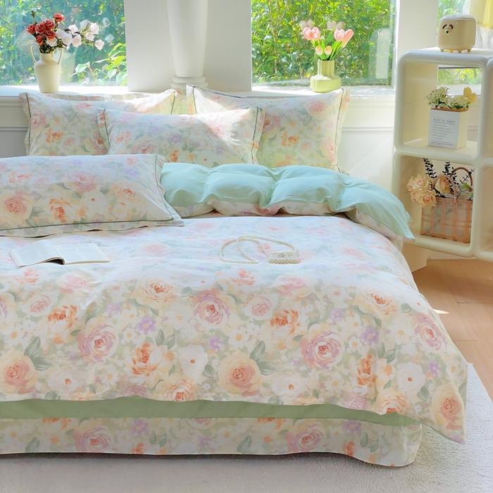 91家纺网 家纺一手货源 找家纺 铭博家纺 2025新款直播爆款全棉纯棉四件套 吊边一字绣工艺款四件套 春有花赏