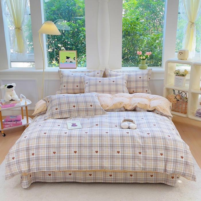 91家纺网 家纺一手货源 找家纺 铭博家纺 2025新款直播爆款全棉纯棉四件套 吊边一字绣工艺款四件套 加州甜心-咖