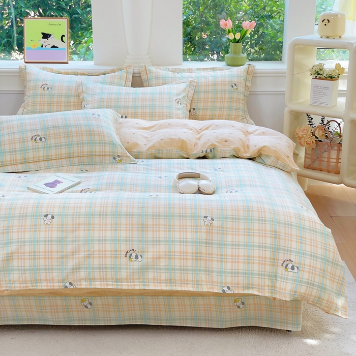 91家纺网 家纺一手货源 找家纺 铭博家纺 2025新款直播爆款全棉纯棉四件套 吊边一字绣工艺款四件套 格诺狗