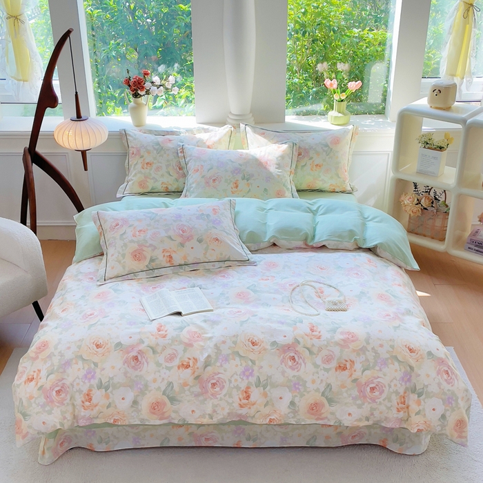 91家纺网 家纺一手货源 找家纺 铭博家纺 2025新款直播爆款全棉纯棉四件套 吊边一字绣工艺款四件套 春有花赏