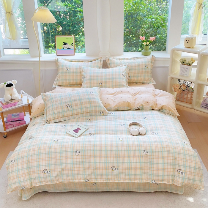 91家纺网 家纺一手货源 找家纺 铭博家纺 2025新款直播爆款全棉纯棉四件套 吊边一字绣工艺款四件套 格诺狗