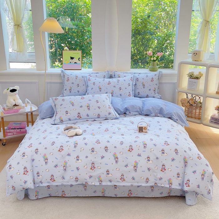 91家纺网 家纺一手货源 找家纺 铭博家纺 2025新款直播爆款全棉纯棉四件套 吊边一字绣工艺款四件套 漫步宇宙-蓝