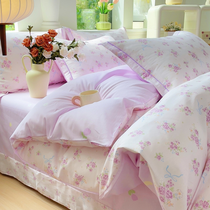 铭博家纺 2025新款直播爆款全棉纯棉四件套 吊边一字绣工艺款四件套 紫娅悠然