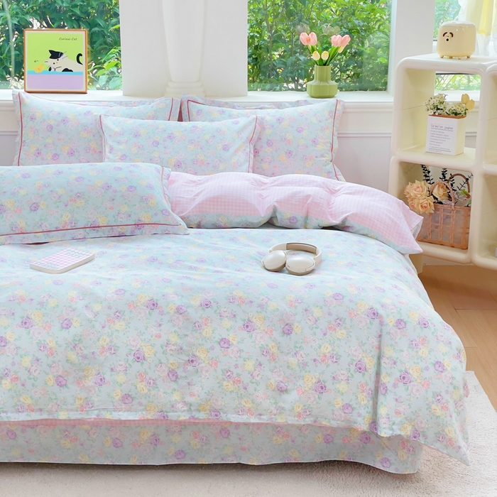 91家纺网 家纺一手货源 找家纺 铭博家纺 2025新款直播爆款全棉纯棉四件套 吊边一字绣工艺款四件套 嫣然花期-兰