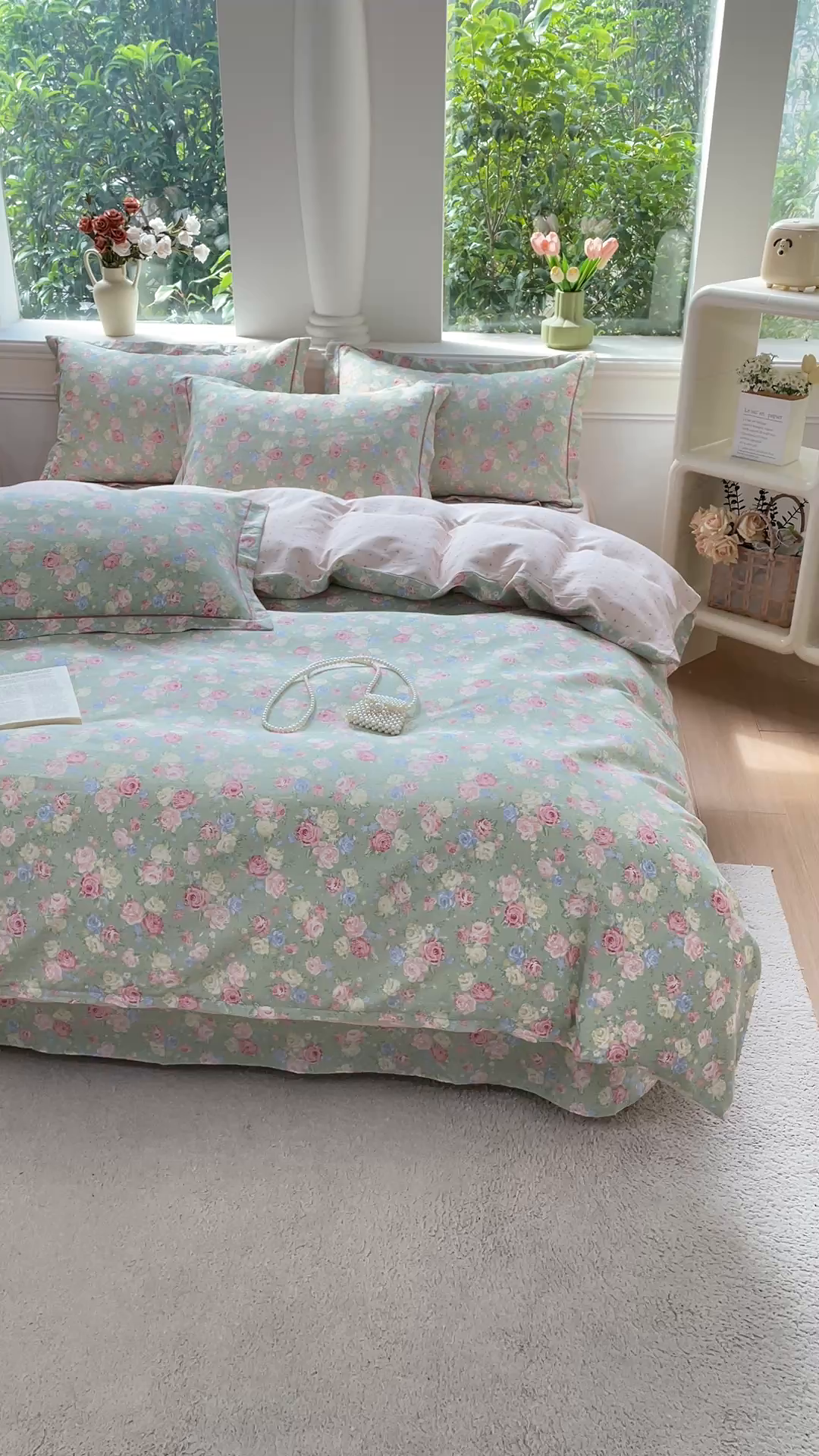 91家纺网 家纺一手货源 找家纺 铭博家纺 2025新款直播爆款全棉纯棉四件套 吊边一字绣工艺款四件套 嫣然花期-绿