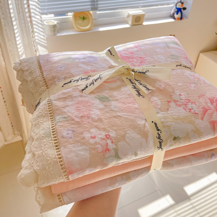 91家纺网 家纺一手货源 找家纺 玉海棠家纺 2025新款云感双层纱花边四件套 花边-莫奈