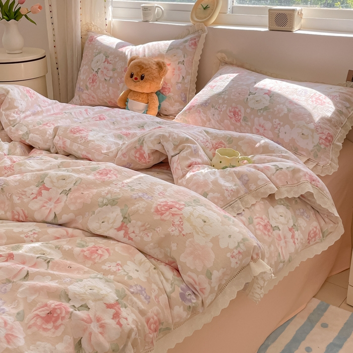 91家纺网 家纺一手货源 找家纺 玉海棠家纺 2025新款云感双层纱花边四件套 花边-莫奈