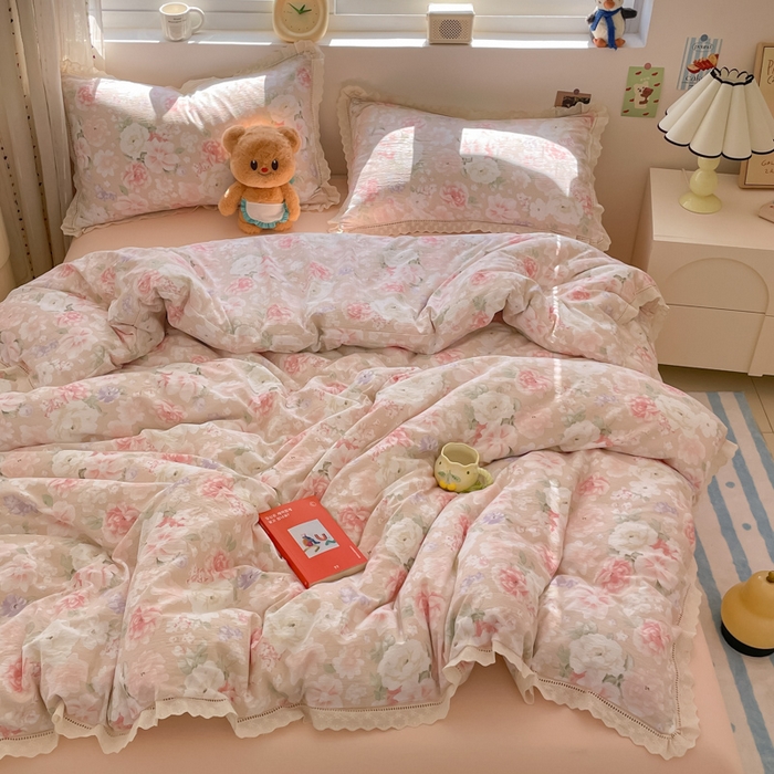 91家纺网 家纺一手货源 找家纺 玉海棠家纺 2025新款云感双层纱花边四件套 花边-莫奈