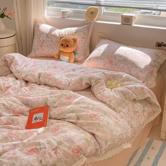 91家纺网 家纺一手货源 找家纺 玉海棠家纺 2025新款云感双层纱花边四件套 花边-莫奈