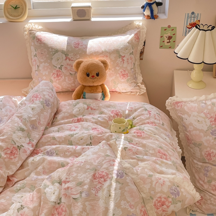 91家纺网 家纺一手货源 找家纺 玉海棠家纺 2025新款云感双层纱花边四件套 花边-莫奈