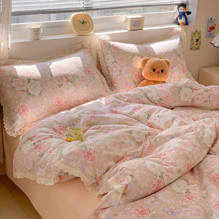 91家纺网 家纺一手货源 找家纺 玉海棠家纺 2025新款云感双层纱花边四件套 花边-莫奈